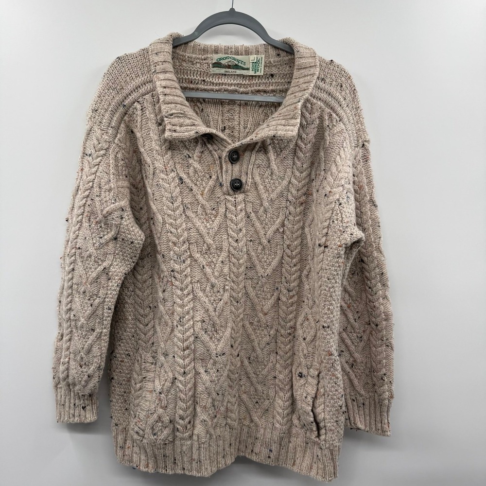 Aran Crafts Ireland Mens L 100% Merino Wool Shawl Collar Sweater Oatmeal Donegal